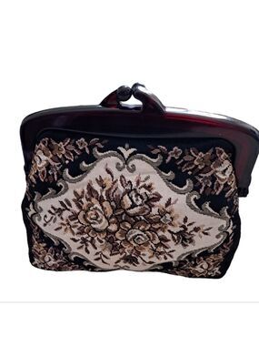 Vintage Fine Art Bags small tapestry clutch lucite handle brown black tan roses